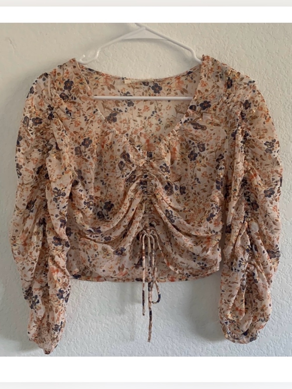 Illa Illa Women's Floral Ruched Tie Front Crop Top Size Small Cream Puff Sleeve